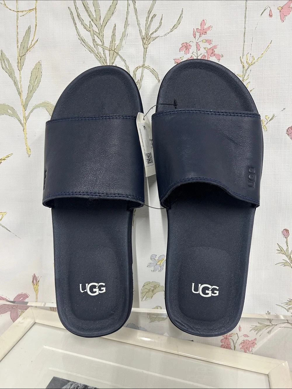 UGG Navy Slide Sandals with Logo Footbed